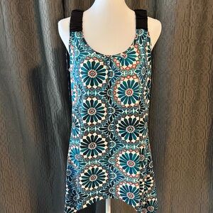 Suzy Shier Geometric Floral Sleeveless Blouse - Blue and Black